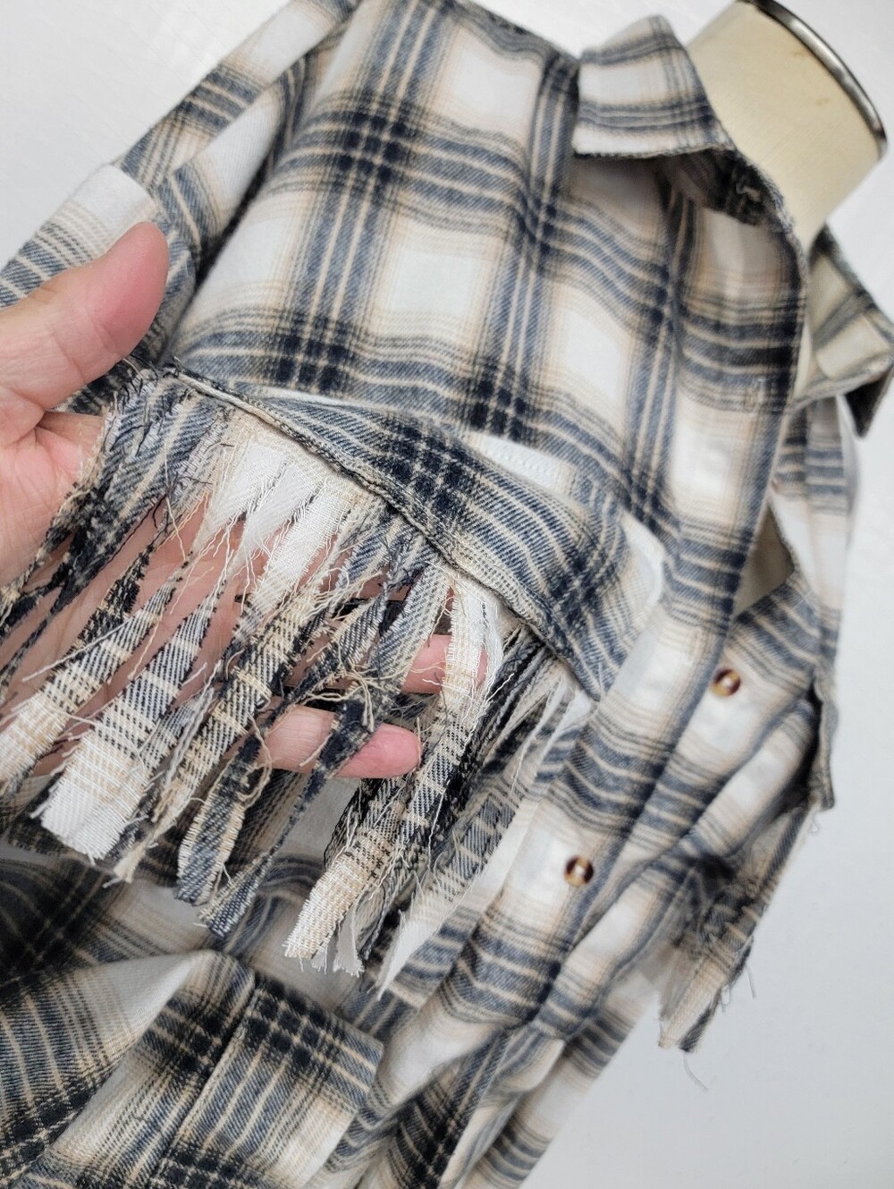 Journey 'Arrival Tour' Plaid Fringe Flannel Shirt  Jacket Shacket - Upcycled - Picture 8 of 9